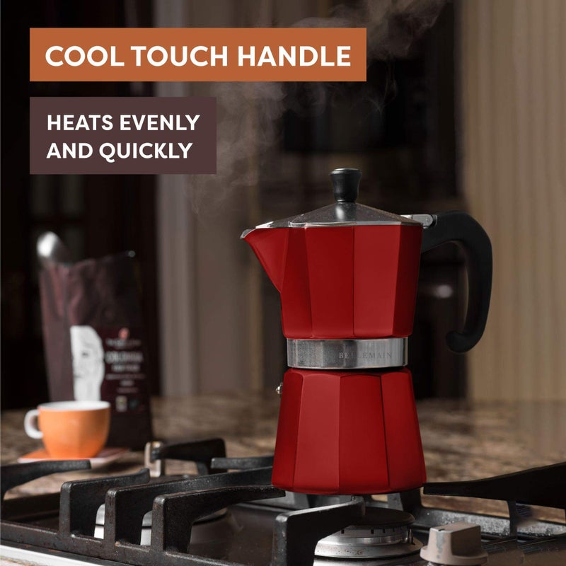 Bellemain Stovetop Espresso Maker | Italian Moka Pot Espresso Maker, Classic Aluminum Design Mocha Pot for Home Brewing & Camping | Easy to Use & Clean - 3-Cup, Red - Image 5